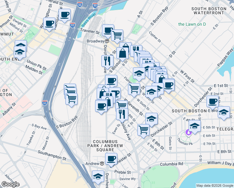 map of restaurants, bars, coffee shops, grocery stores, and more near 52 Pier 7 in Boston