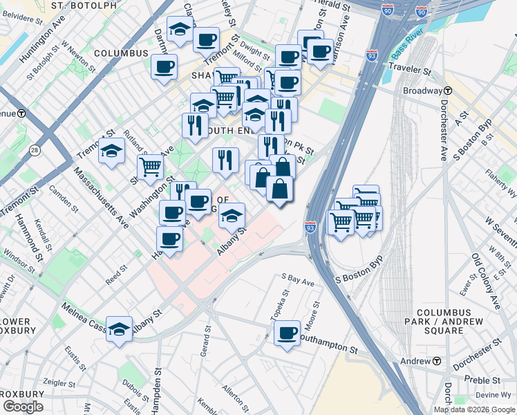 map of restaurants, bars, coffee shops, grocery stores, and more near 595 Albany Street in Boston