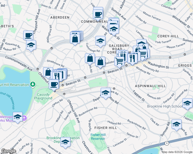 map of restaurants, bars, coffee shops, grocery stores, and more near 1804 Beacon Street in Brookline