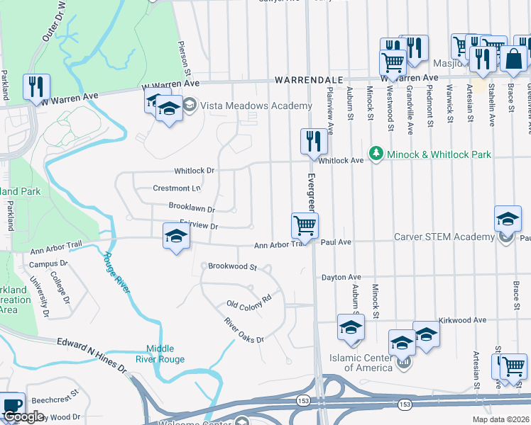 map of restaurants, bars, coffee shops, grocery stores, and more near 6429 Heyden in Dearborn Heights