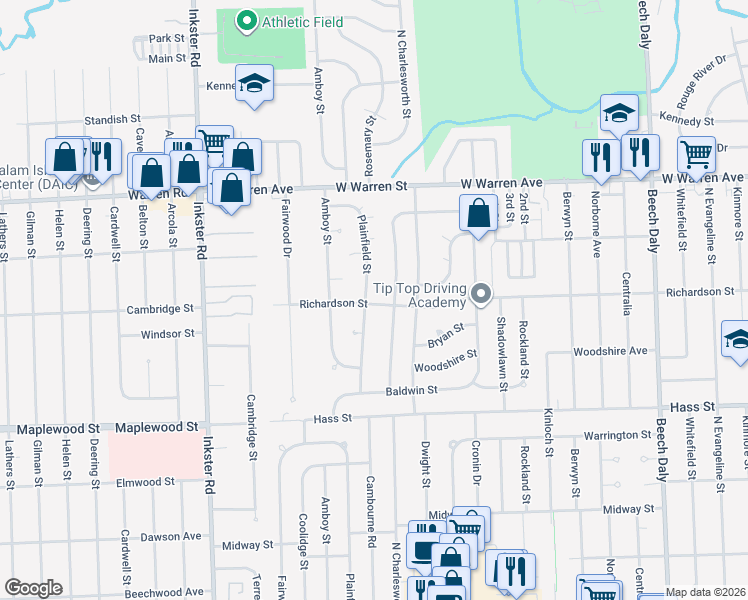 map of restaurants, bars, coffee shops, grocery stores, and more near 6831 Rosemary Street in Dearborn Heights
