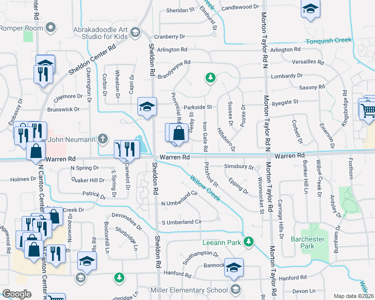 map of restaurants, bars, coffee shops, grocery stores, and more near 44262 Warren Road in Canton