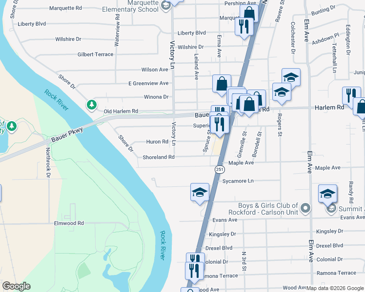 map of restaurants, bars, coffee shops, grocery stores, and more near 401 Huron Road in Machesney Park