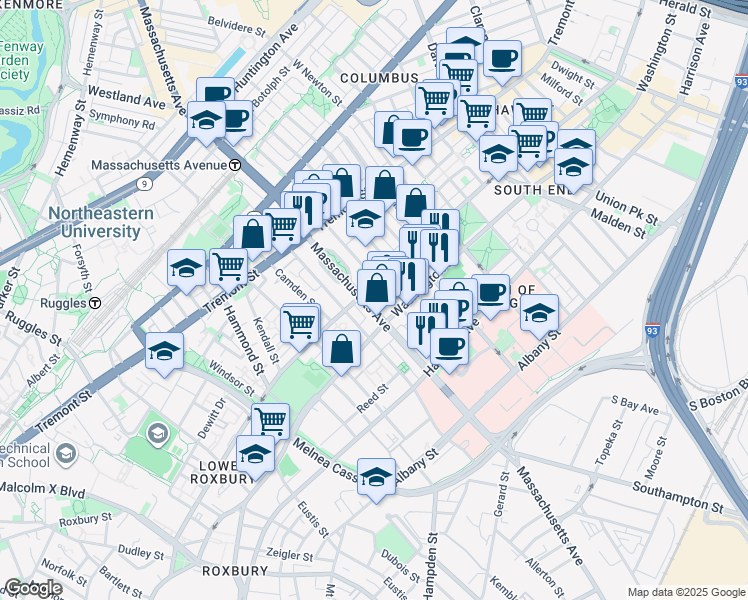 map of restaurants, bars, coffee shops, grocery stores, and more near in Boston