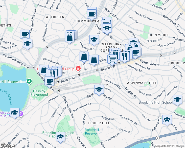map of restaurants, bars, coffee shops, grocery stores, and more near 1804 Beacon Street in Brookline
