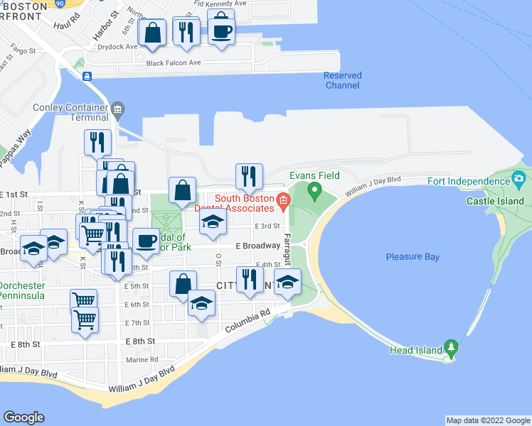 map of restaurants, bars, coffee shops, grocery stores, and more near 925 East 2nd Street in Boston