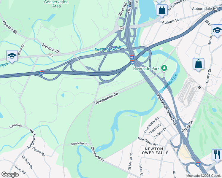 map of restaurants, bars, coffee shops, grocery stores, and more near 9 Riverside Road in Weston