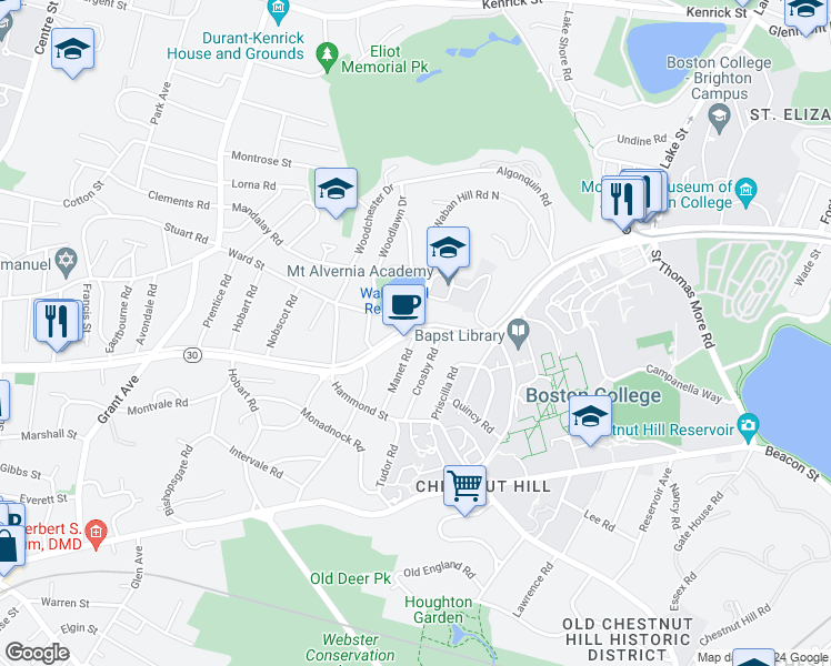 map of restaurants, bars, coffee shops, grocery stores, and more near Commonwealth Avenue & Manet Rd in Newton