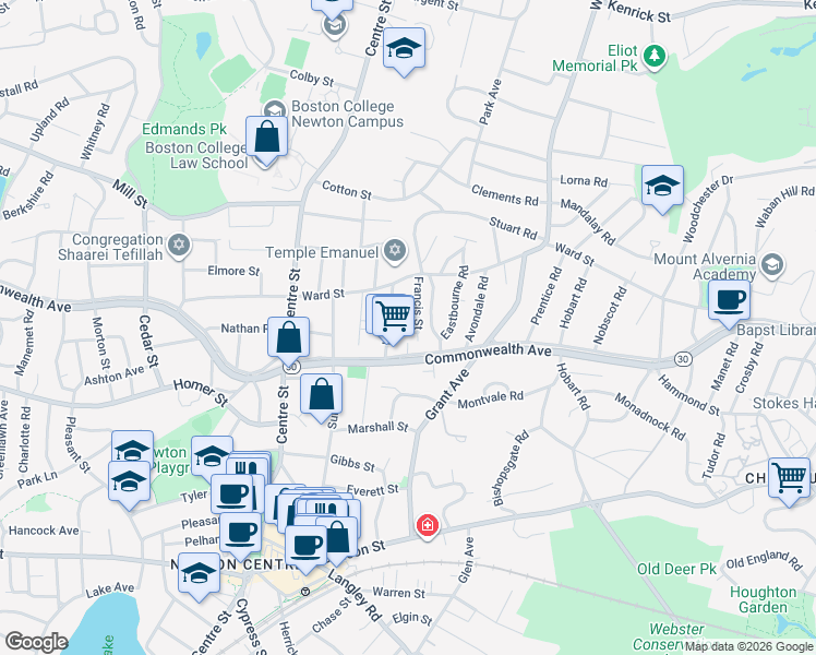 map of restaurants, bars, coffee shops, grocery stores, and more near 12 Garner Street in Newton