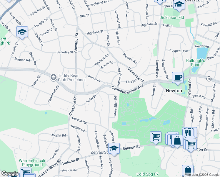 map of restaurants, bars, coffee shops, grocery stores, and more near 1256 Commonwealth Avenue in Newton