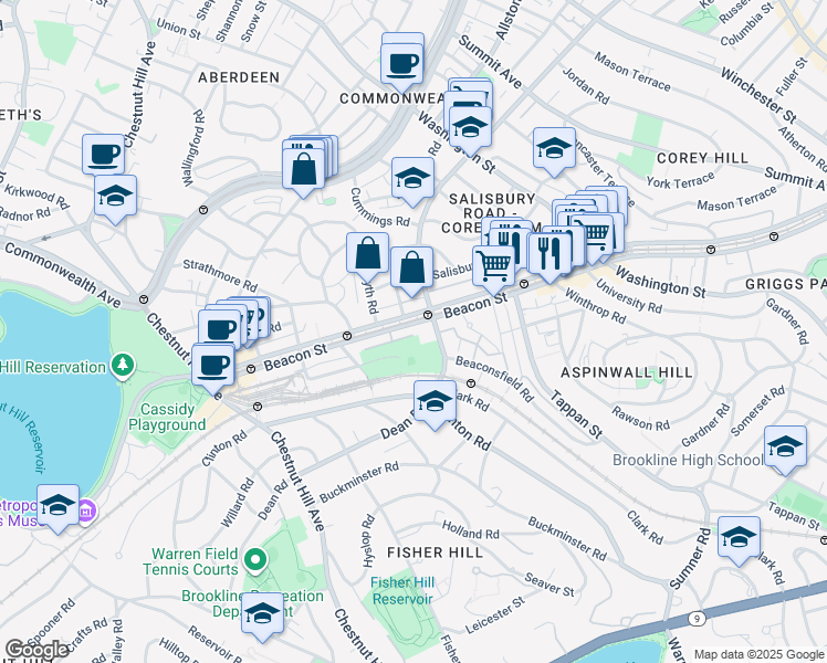 map of restaurants, bars, coffee shops, grocery stores, and more near 1763 Beacon Street in Brookline