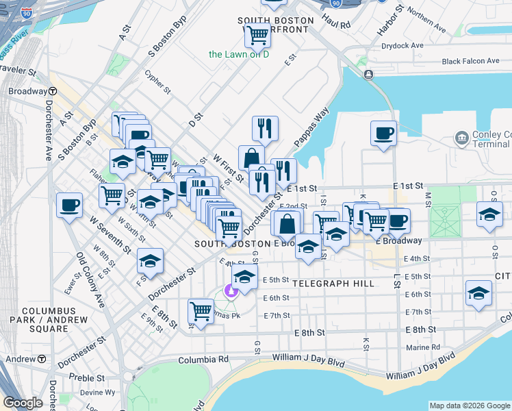 map of restaurants, bars, coffee shops, grocery stores, and more near 103 Dresser Street in Boston
