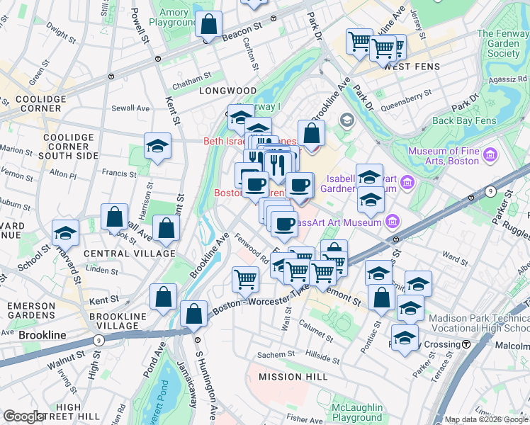 map of restaurants, bars, coffee shops, grocery stores, and more near 1 Jimmy Fund Way in Boston