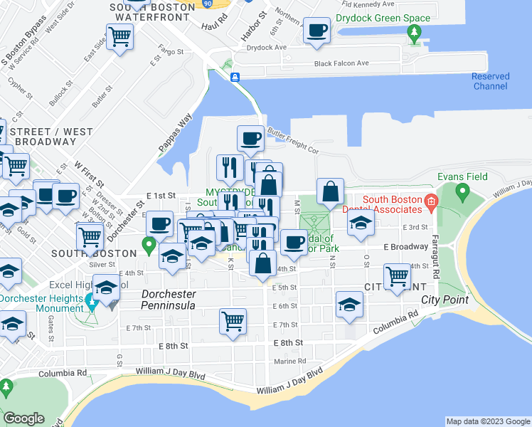 map of restaurants, bars, coffee shops, grocery stores, and more near 26 L Street in Boston