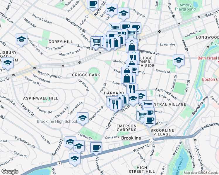 map of restaurants, bars, coffee shops, grocery stores, and more near 9 Auburn Place in Brookline