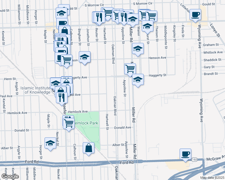 map of restaurants, bars, coffee shops, grocery stores, and more near 6422 Oakman Boulevard in Dearborn