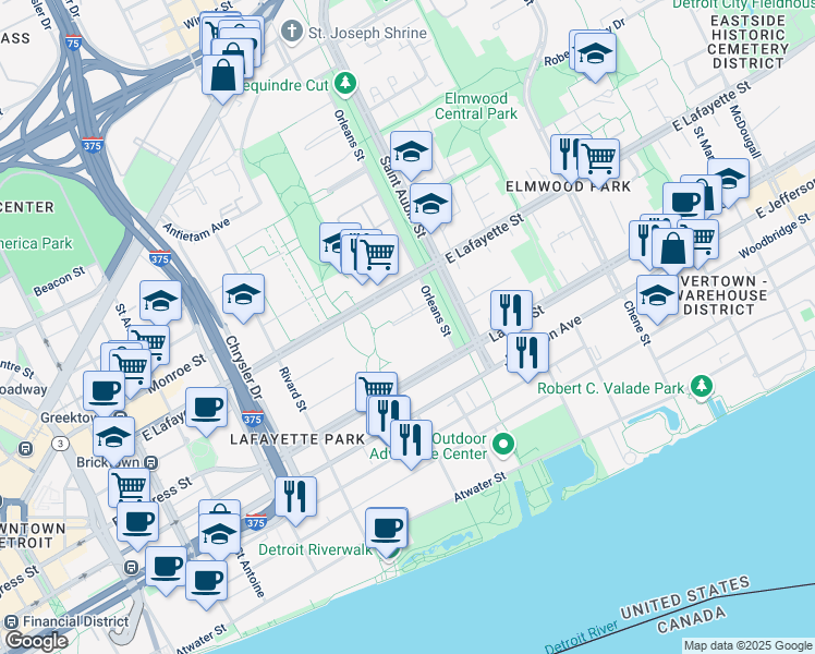 map of restaurants, bars, coffee shops, grocery stores, and more near 621 Ducharme Place in Detroit