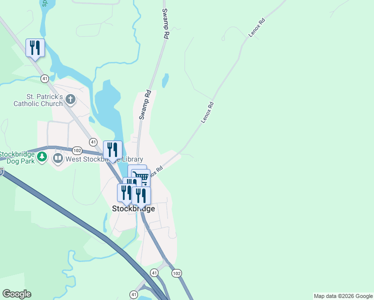 map of restaurants, bars, coffee shops, grocery stores, and more near Lenox Rd in West Stockbridge