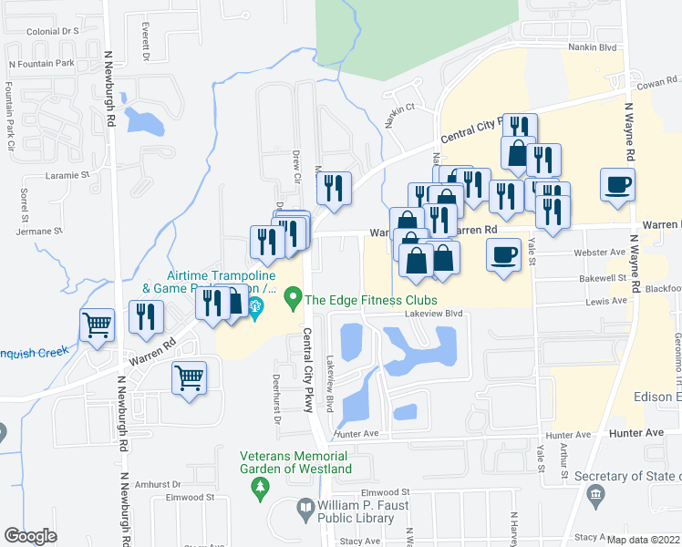 map of restaurants, bars, coffee shops, grocery stores, and more near 36137 Warren Road in Westland