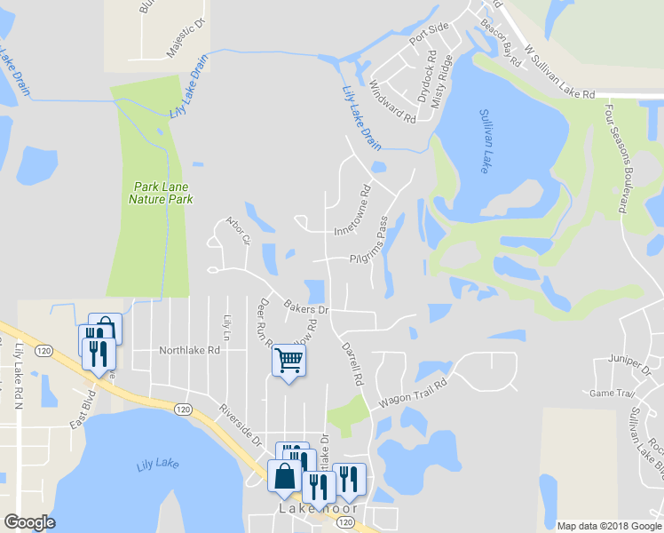 map of restaurants, bars, coffee shops, grocery stores, and more near 28983 Pilgrims Pass in Lakemoor