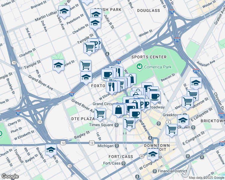 map of restaurants, bars, coffee shops, grocery stores, and more near 2110 Park Avenue in Detroit