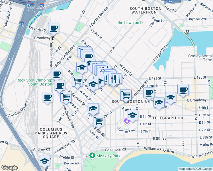 map of restaurants, bars, coffee shops, grocery stores, and more near 383 West Broadway in Boston