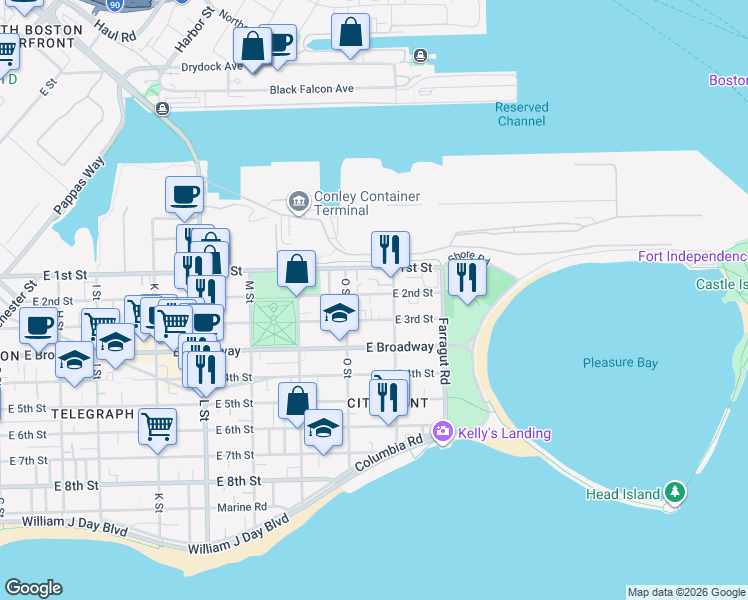 map of restaurants, bars, coffee shops, grocery stores, and more near 880 East 2nd Street in Boston