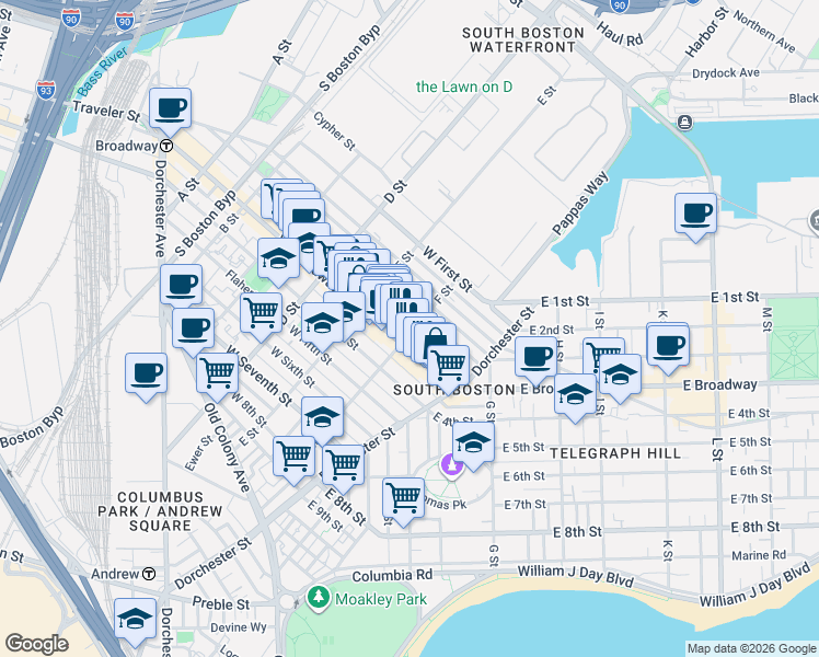 map of restaurants, bars, coffee shops, grocery stores, and more near 158 F Street in Boston