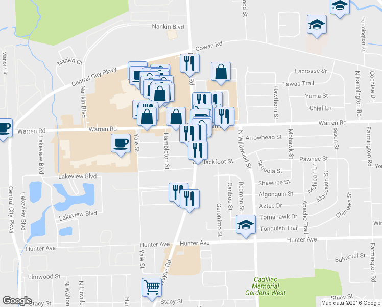 map of restaurants, bars, coffee shops, grocery stores, and more near 7011 N Wayne Rd in Westland