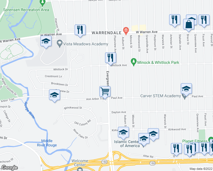 map of restaurants, bars, coffee shops, grocery stores, and more near 6395 Evergreen Avenue in Detroit