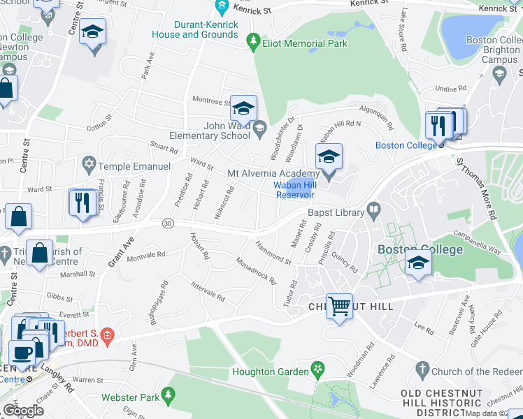 map of restaurants, bars, coffee shops, grocery stores, and more near 20 Hammond Street in Newton