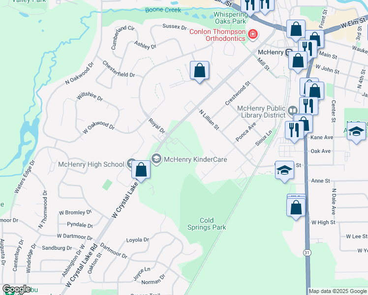 map of restaurants, bars, coffee shops, grocery stores, and more near 4605 West Crystal Lake Road in McHenry