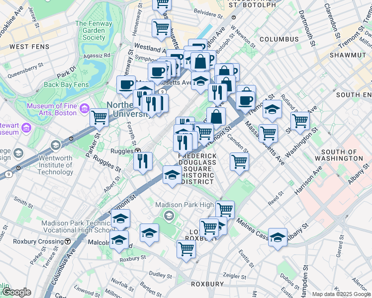 map of restaurants, bars, coffee shops, grocery stores, and more near 360 Huntington Avenue in Boston
