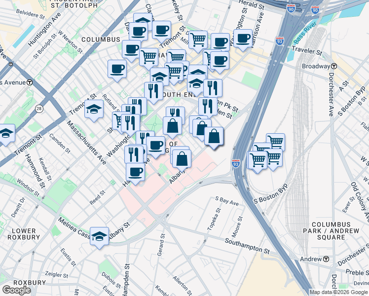 map of restaurants, bars, coffee shops, grocery stores, and more near in Boston