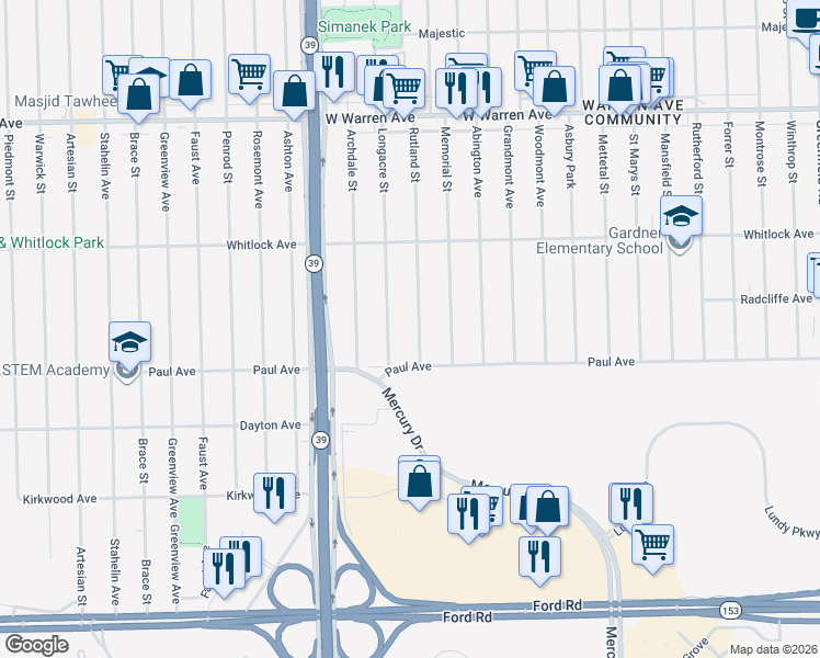 map of restaurants, bars, coffee shops, grocery stores, and more near 6391 Rutland Street in Detroit