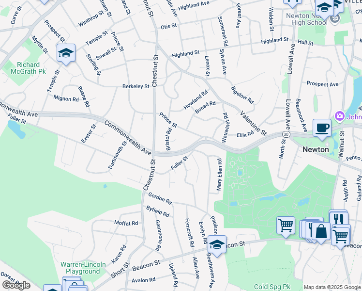 map of restaurants, bars, coffee shops, grocery stores, and more near 1325 Commonwealth Avenue in Newton