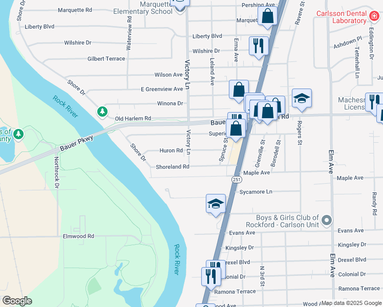 map of restaurants, bars, coffee shops, grocery stores, and more near 401 Huron Road in Machesney Park
