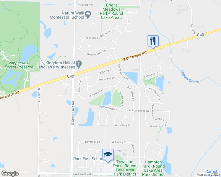 map of restaurants, bars, coffee shops, grocery stores, and more near 375 W Cambria Dr in Round Lake