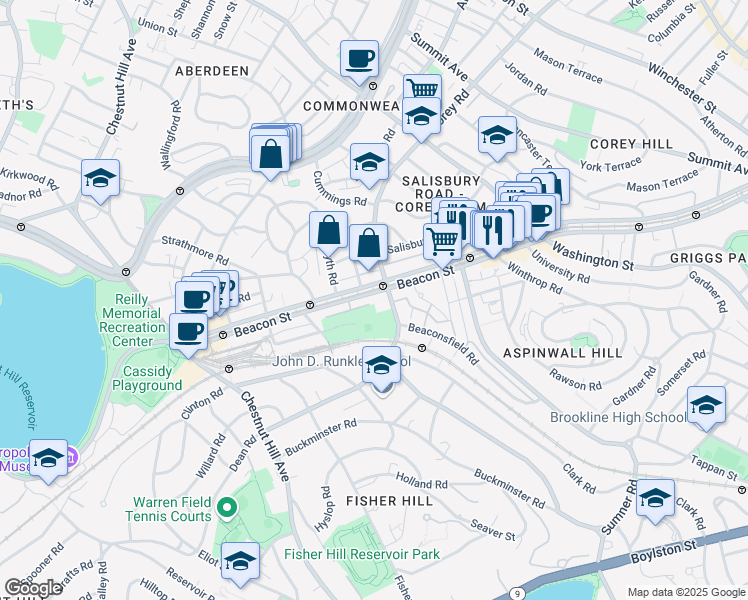 map of restaurants, bars, coffee shops, grocery stores, and more near 1763 Beacon Street in Brookline