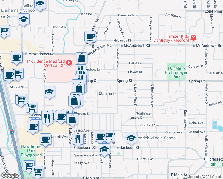 map of restaurants, bars, coffee shops, grocery stores, and more near 905 Wabash Avenue in Medford
