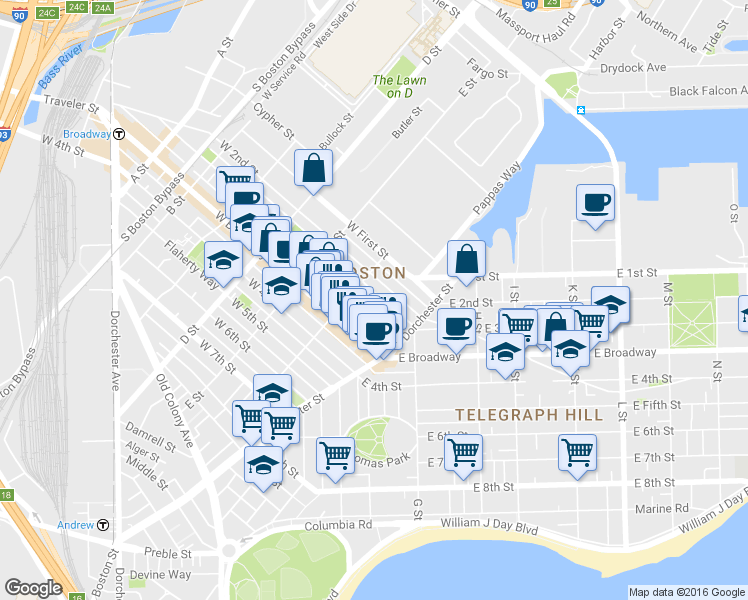 map of restaurants, bars, coffee shops, grocery stores, and more near 263 Bolton Street in Boston