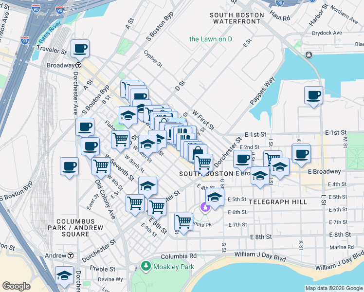 map of restaurants, bars, coffee shops, grocery stores, and more near in Boston