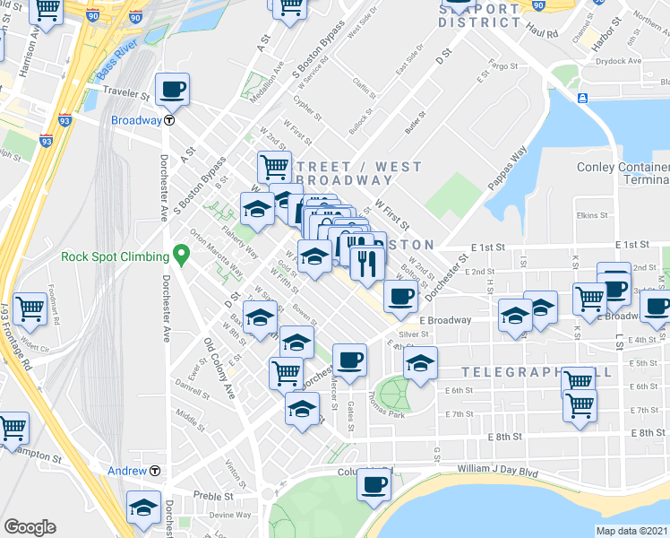 map of restaurants, bars, coffee shops, grocery stores, and more near in Boston