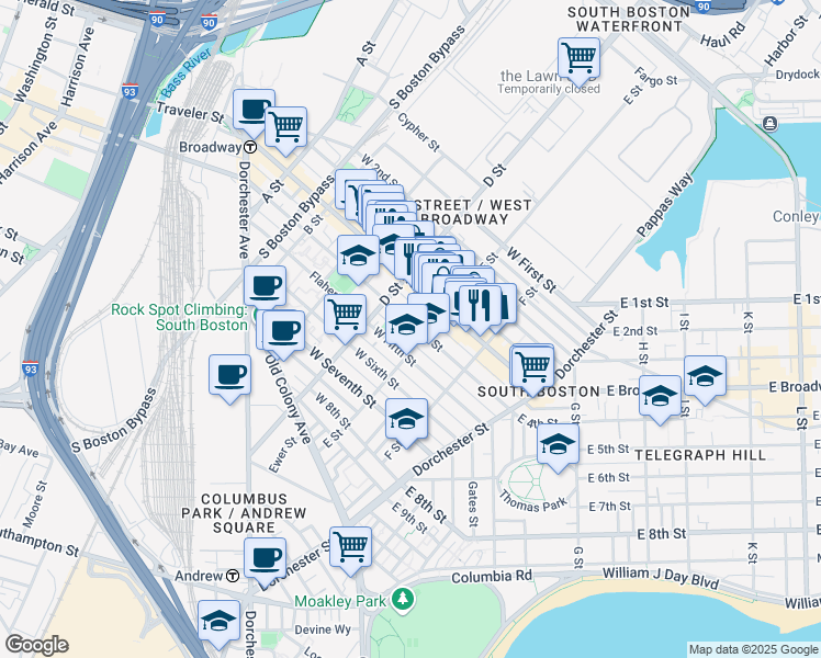 map of restaurants, bars, coffee shops, grocery stores, and more near 350 West Fourth Street in Boston
