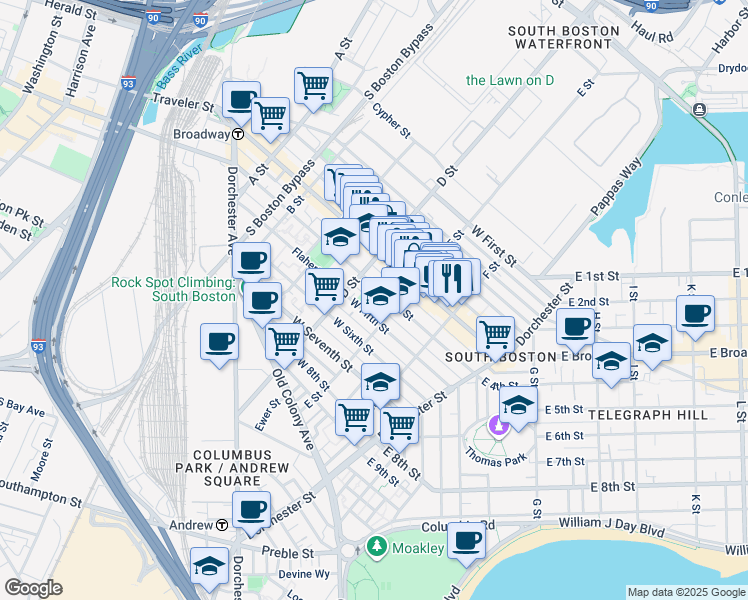 map of restaurants, bars, coffee shops, grocery stores, and more near 350 West Fourth Street in Boston