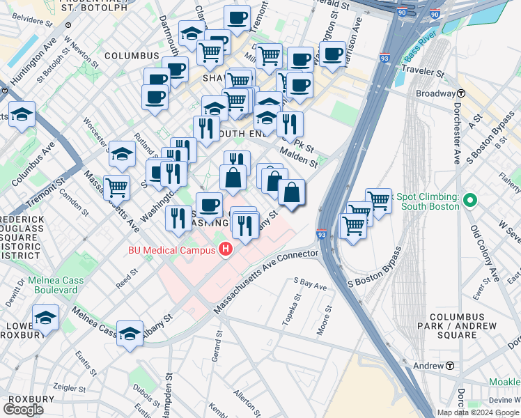 map of restaurants, bars, coffee shops, grocery stores, and more near in Boston
