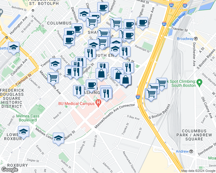 map of restaurants, bars, coffee shops, grocery stores, and more near in Boston
