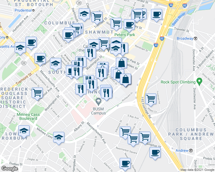 map of restaurants, bars, coffee shops, grocery stores, and more near in Boston