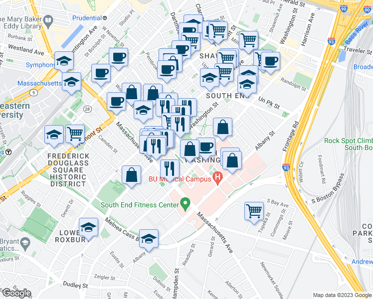 map of restaurants, bars, coffee shops, grocery stores, and more near 19 East Concord Street in Boston