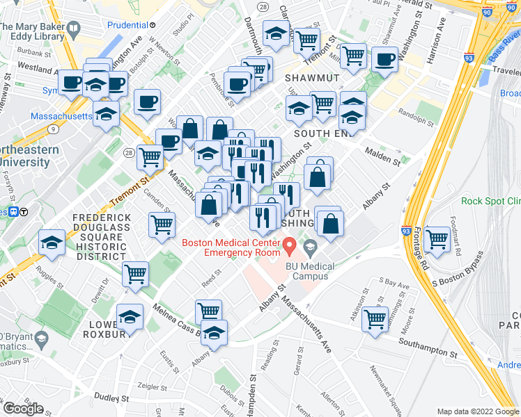 map of restaurants, bars, coffee shops, grocery stores, and more near 19 East Concord Street in Boston
